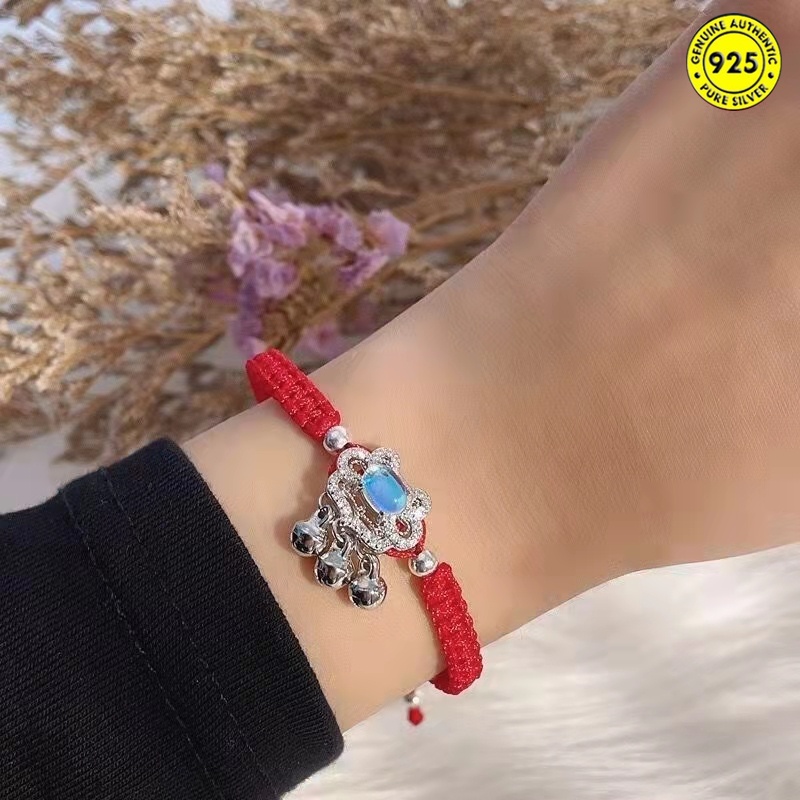 Blue Moonstone Safety Lock Woven Hand Strap Women's Heart Lock Ruyi Longevity Lock Bracelet