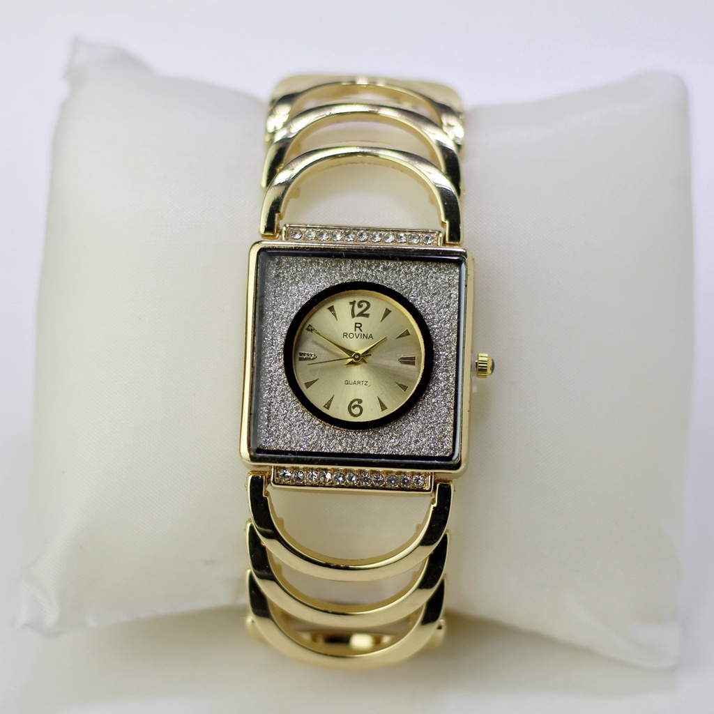 JAM TANGAN WANITA ROVINA  MODEL PERSEGI STAINLESS STEEL DIAMETER 3CM INCLUDE BOX BISA COD