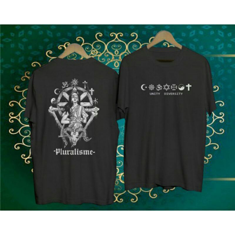 KAOS DISTRO BAPHOMET PLURAL(IS)ME A2 AGAMA ISLAM HINDU KRISTEN BUDHA TERLARIS KEKINIAN KEREN UNISEX 