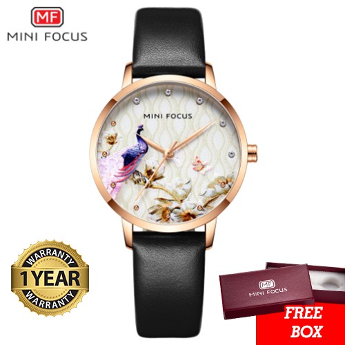 Jam Tangan Wanita MINI FOCUS Original Motif Bunga dan Burung Cantik Mewah MF0330L
