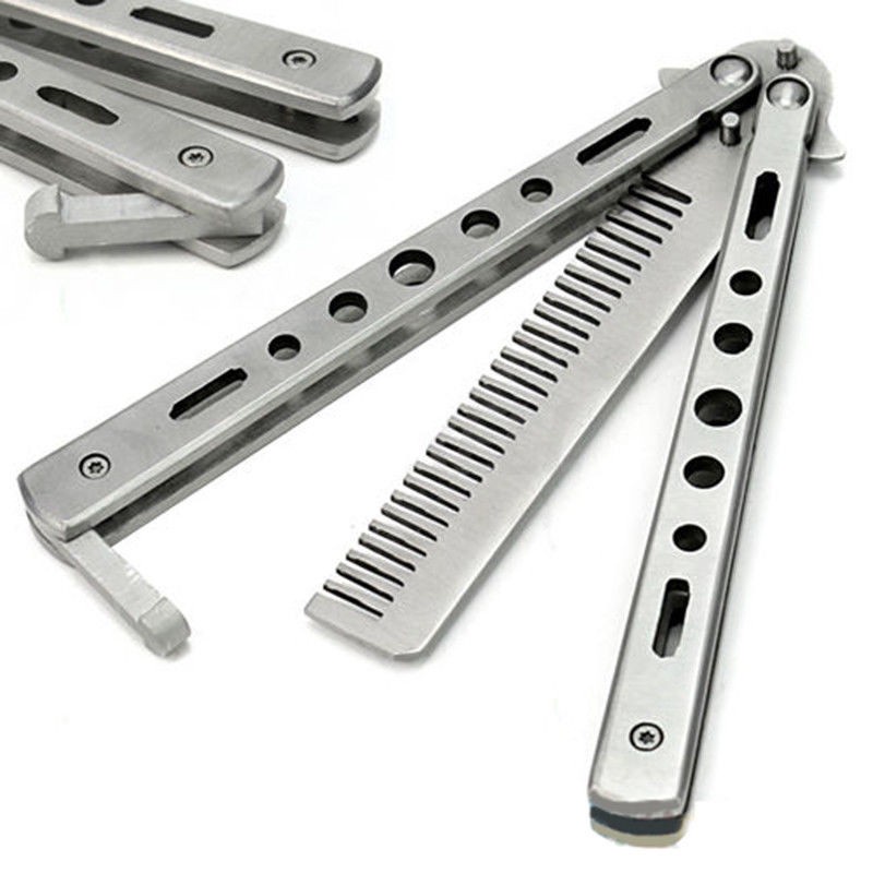 Sisir Laki Laki Sejati Sisir Besi Model Auto Macho Anti Stres Sisir Lipat Besi Sisir Cowok Foldable Comb Stainless Steel Practice Training Butterfly Knife Comb Beard Moustache Brushes Hairdressing Styling Tool Folding