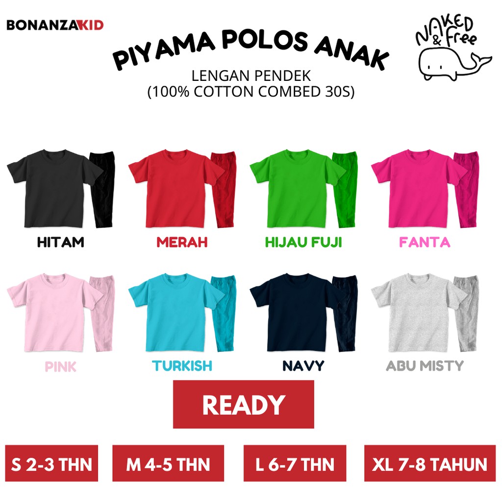 Baju Tidur Piyama Anak Polos Lengan Pendek Usia 2 - 8 Tahun Combed 30s Lembut BNZ