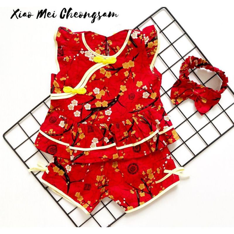 SETELAN IMLEK ANAK PEREMPUAN DRESS CHEONGSAM BABY DRESS / Baju setelan atasan cheongsam celana free bandana imlek XIAO MEI MEILI sincia fashion anak bayi perempuan cewek free bando