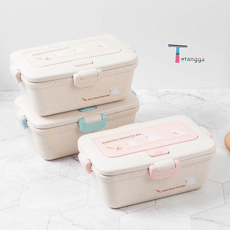 Jerami Gandum Kotak Makan Anti Tumpah Lunchbox Microwavable Anti Tumpah Sekat Free Sendok -Bpa Free