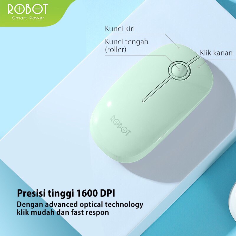 Mouse Wireless ROBOT M330 2.4GHz Silent Optical 1600DPI dengan Receiver USB untuk PC Laptopk