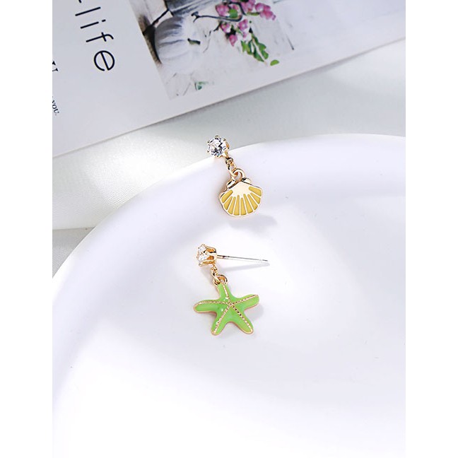 LRC Anting Tusuk Fashion Pink Shell (silver Post) Starfish Stud Earrings With Diamond Drop Oil D6956