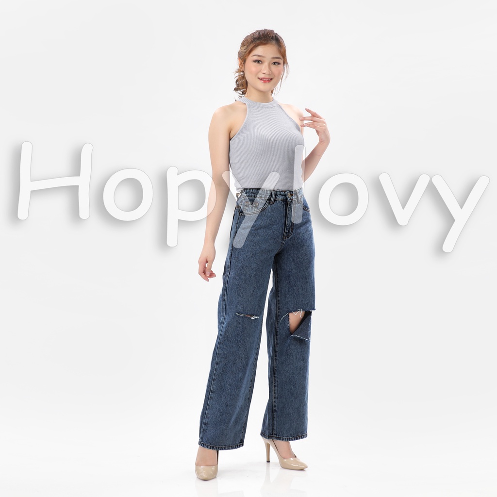 HOPYLOVY - Celana Kulot Jeans Wanita Sobek Destroy Lutut Nessa