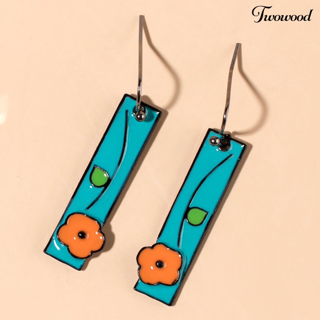 Twowood 1 Pair Women Earrings Painted Flower Jewelry All Match Rectangle Long Hook Earrings for Dating