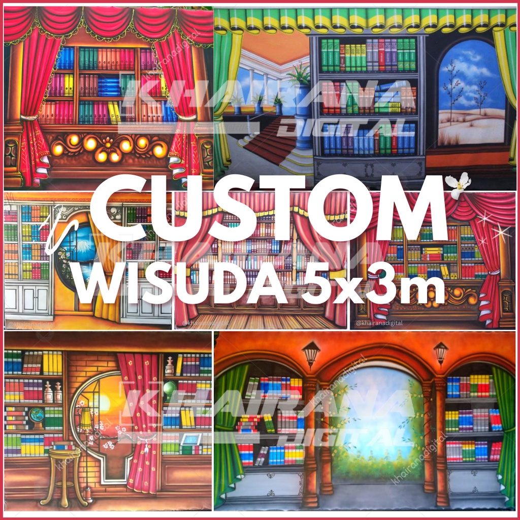 Background Backdrop Latar Layar Studio Foto group custom Wisuda besar gorden rak buku 3x5m 5x3m #var