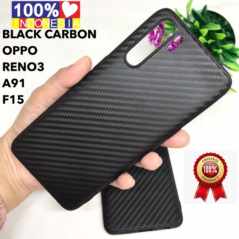 PROMO BLACK CARBON CASE ORIGINAL OPPO RENO3 RENO 3 F15  A91 SILIKON IPAKY HITAM