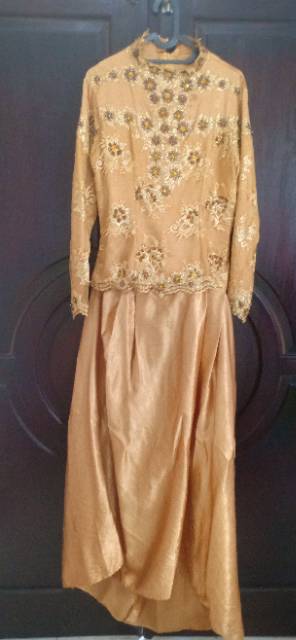 SALFASHOP_ PRELOVED Baju dress pesta gold aksen brukat full payet big size