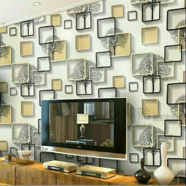 Wallpaper Stiker Dinding Motif Pohon dan Kotak Coklat 3D / Sticker Dinding Motif Pohon Dan Kotak 3D