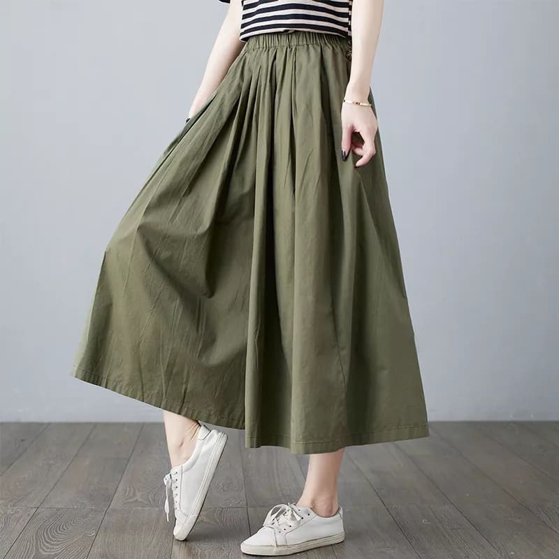 CELANA KULOT JUMBO - MIA PANTS KULOT LINEN OVERSIZE CROP SAKU PINGGIR - BAWAHAN WANITA KOREAN '-Army