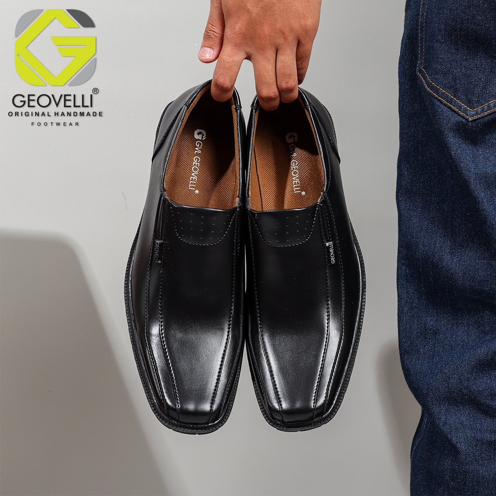 Sepatu Kantor Pria Geovelli Pantofel Formal Kerja Dinas Pesta Kulit Sapi Asli Coklat Kopi Dan Hitam