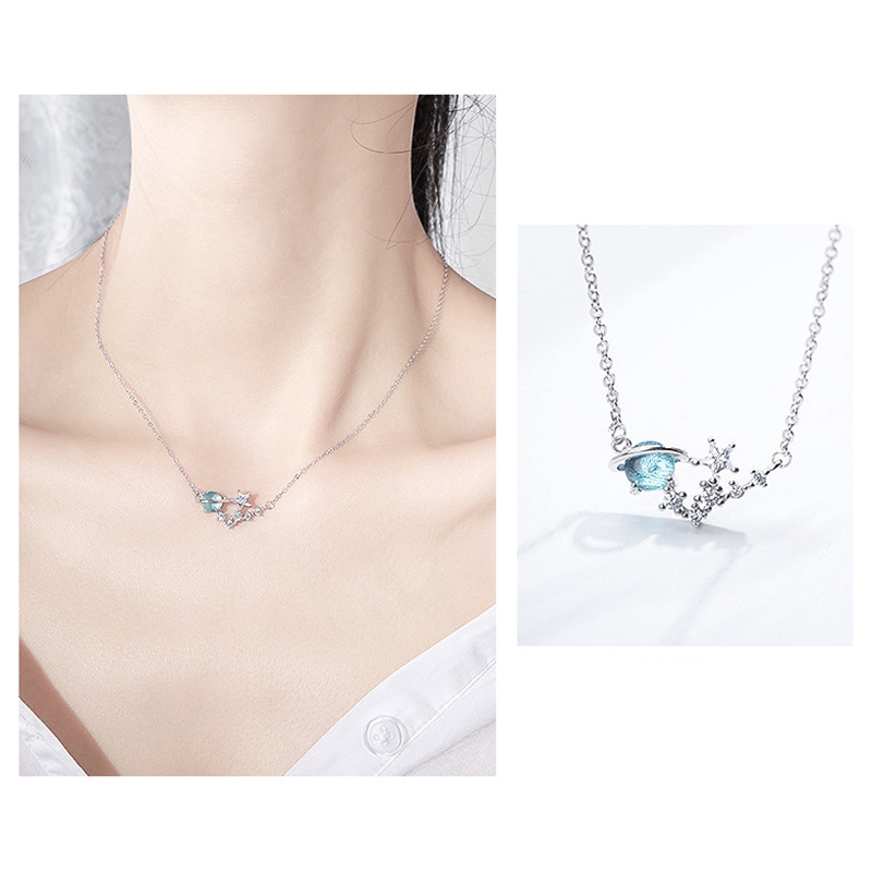 Kalung Liontin Necklace Langit Berbintang Biru Planet Impian Kaca Perhiasan Necklaces Women Jewelry