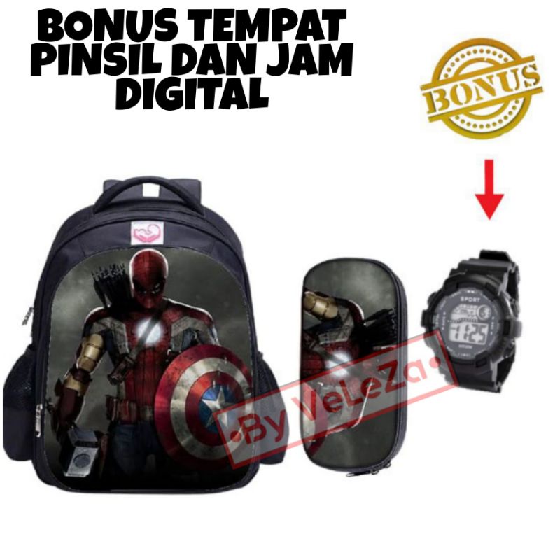 Tas ransel anak laki-laki karakter superhero gratis tempat pinsil jam tangan - tas anak