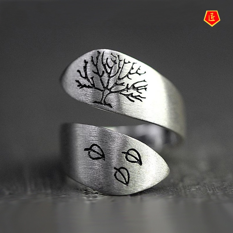 [Ready Stock]Retro Brushed Three Leaves Tree of Life Ring