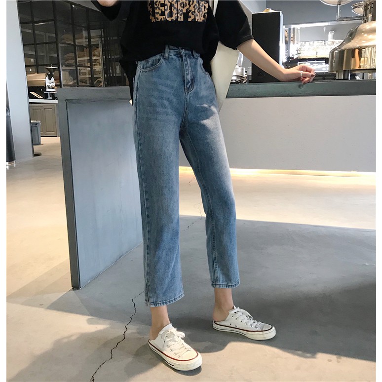 Celana Panjang Model Longgar High Waist Lurus Gaya Korea Bahan Jeans Untuk Wanita