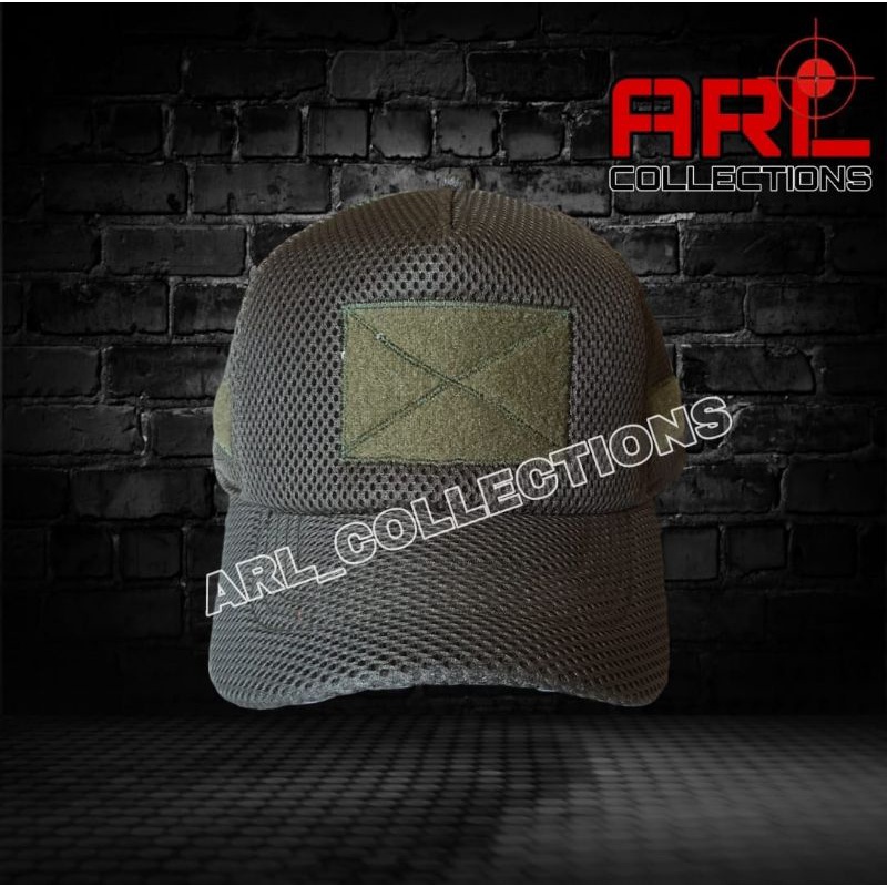 topi jala double mes hijau army / topi jaring velcro tactical