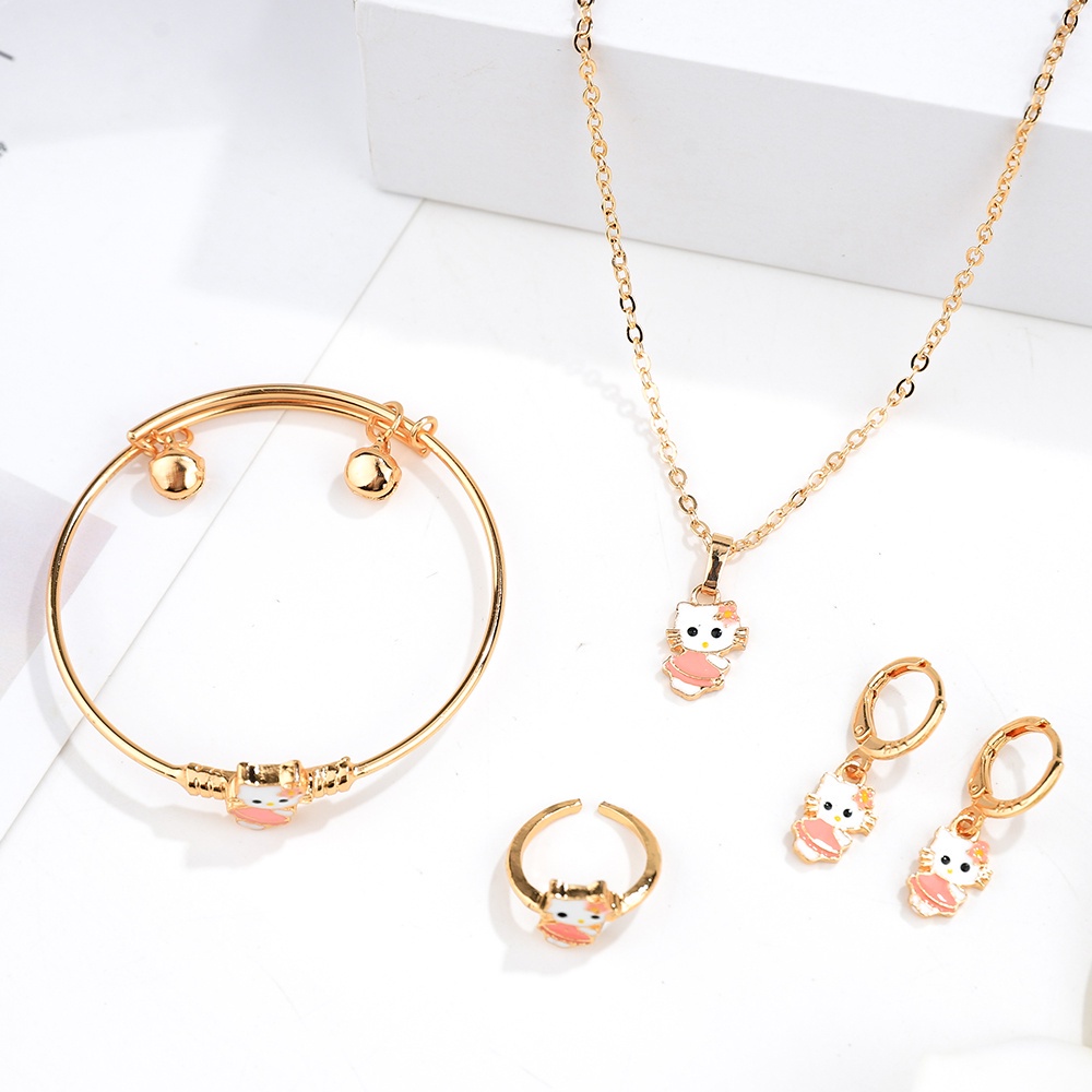 COD Set perhiasan anak pink hellokitty Kalung titanium lapis emas gelang cincin anting  asesoris wanita murah D433