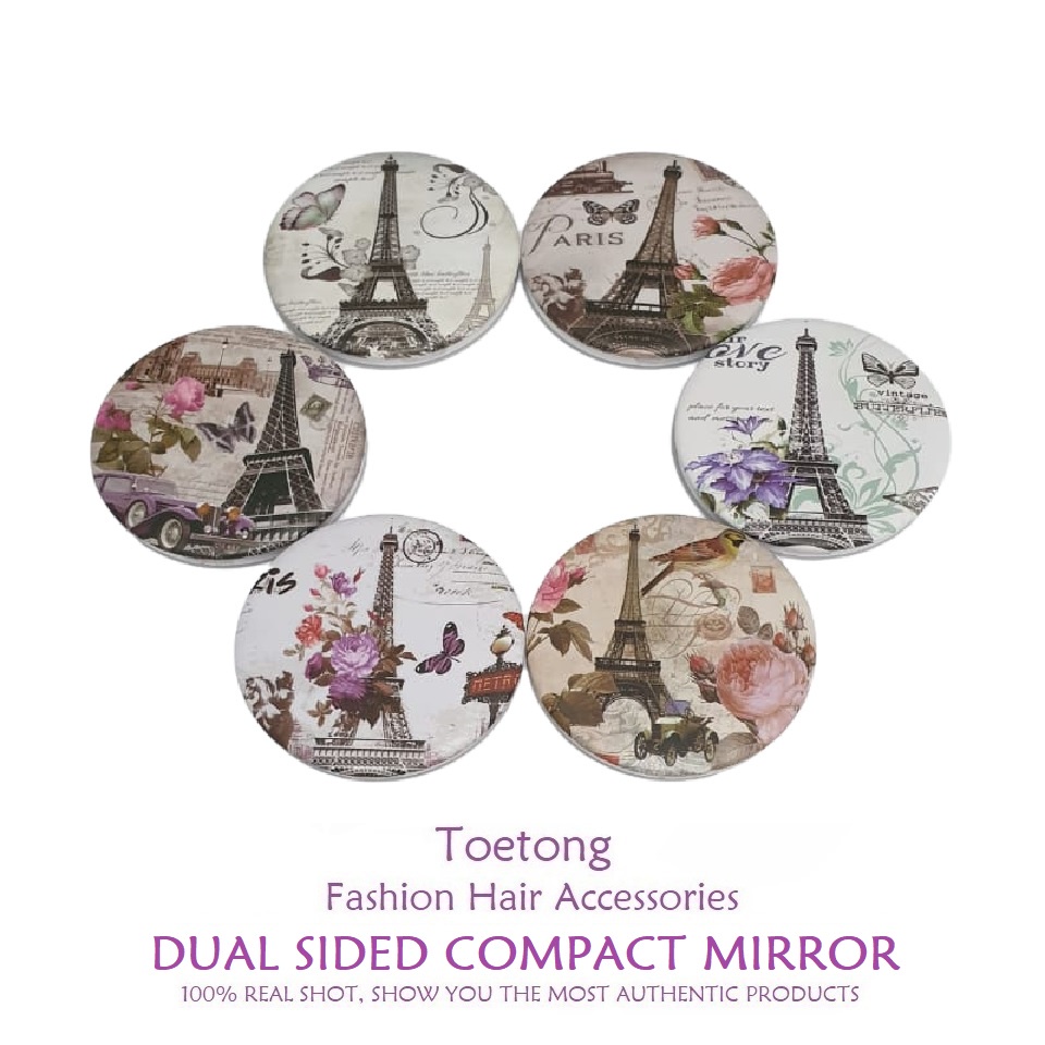 Cermin Rias Lipat Dua Sisi Diameter 7.5cm Kaca Makeup Bulat Portable Double Sided Compact Mirror-CL B(369F3)-PARIS