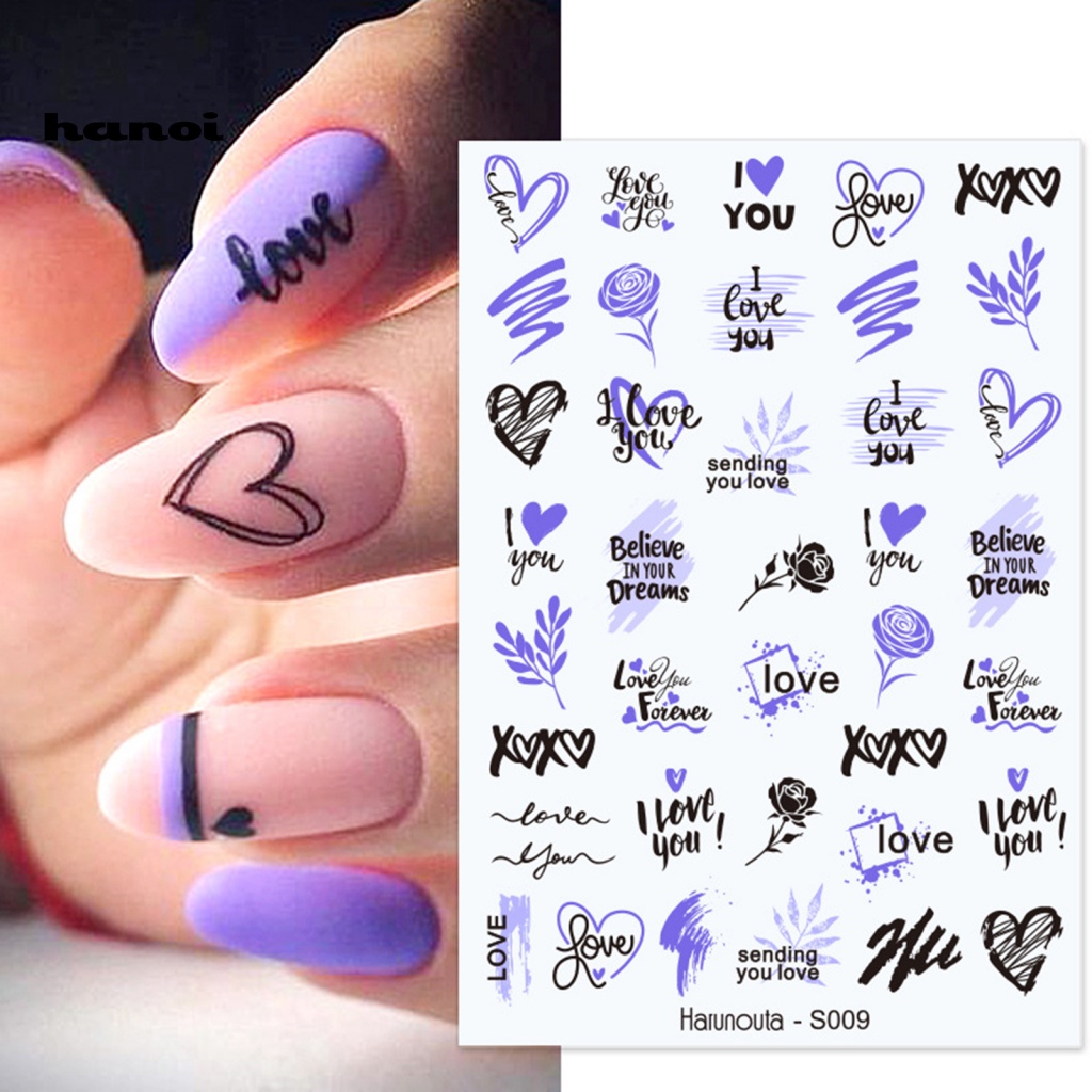 Han_ Stiker Kuku Motif Bunga / Daun / Geometri Warna Hitam / Putih Untuk Nail Art