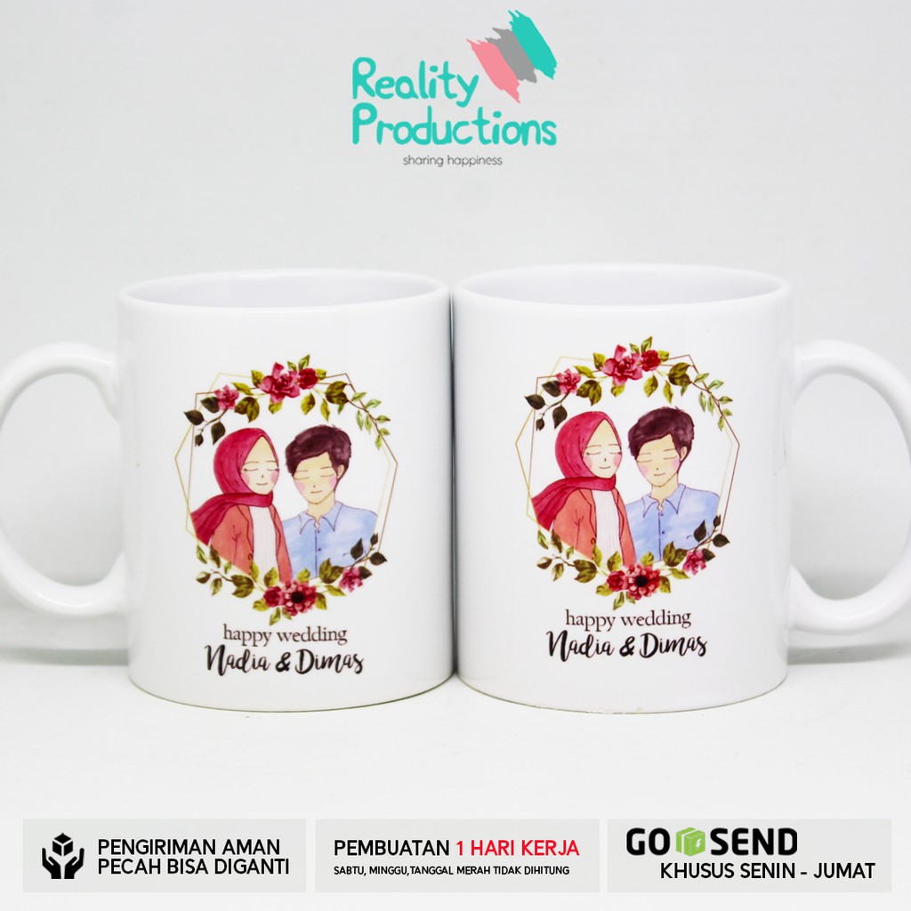 Mug Couple Doodle Pengantin Hijab Simpel Floral untuk Kado Pernikahan