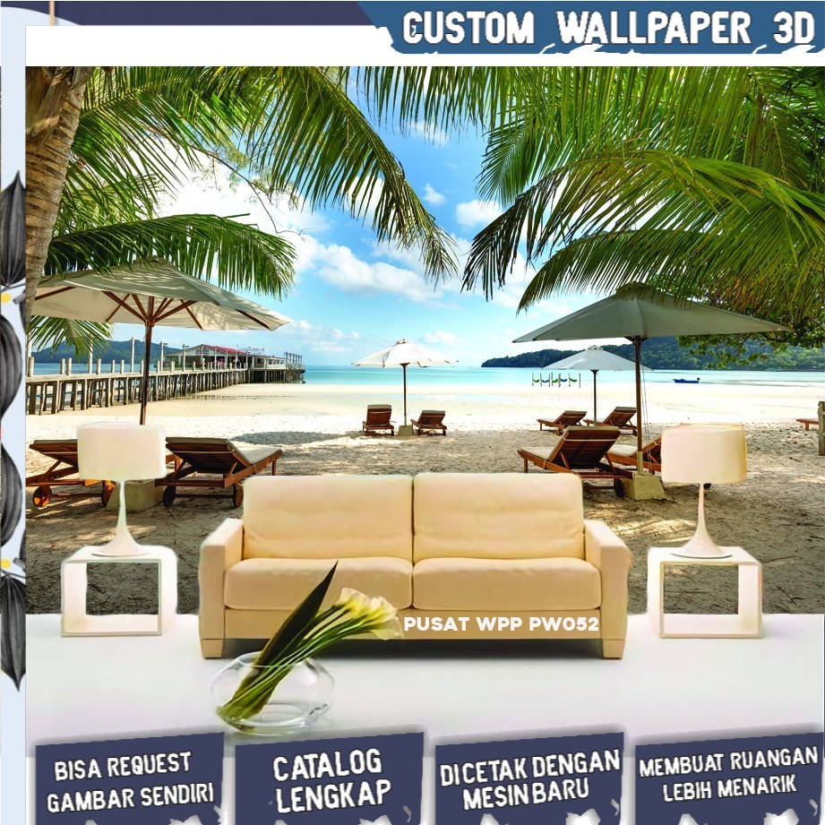 BERKUALITAS, Wallpaper Dinding Ruang Tamu, Wallpaper Dinding Pemandangan 3D Motif Pantai 3 dimensi