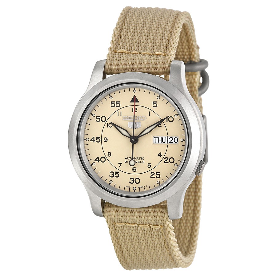 Seiko 5 SNK803K2 Automatic Beige Military Nylon - Jam Tangan Unisex