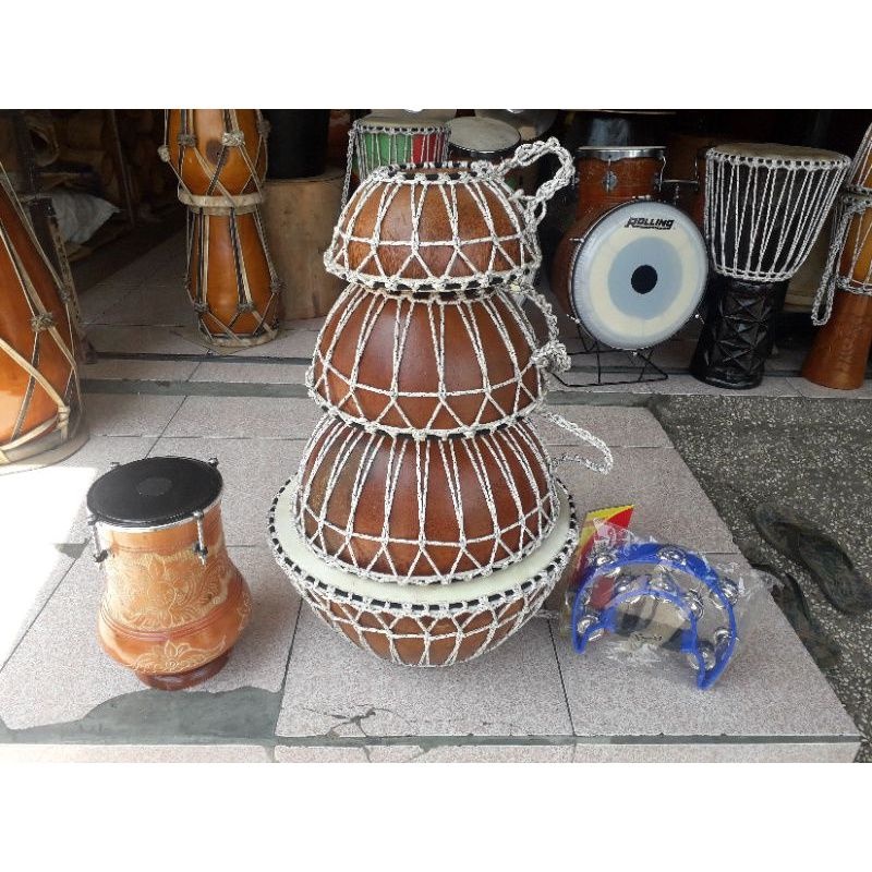 alat musik terbangan sholawatan, terbangan buhun khas sunda (motif tali) bonus tabla + tambourine/ke