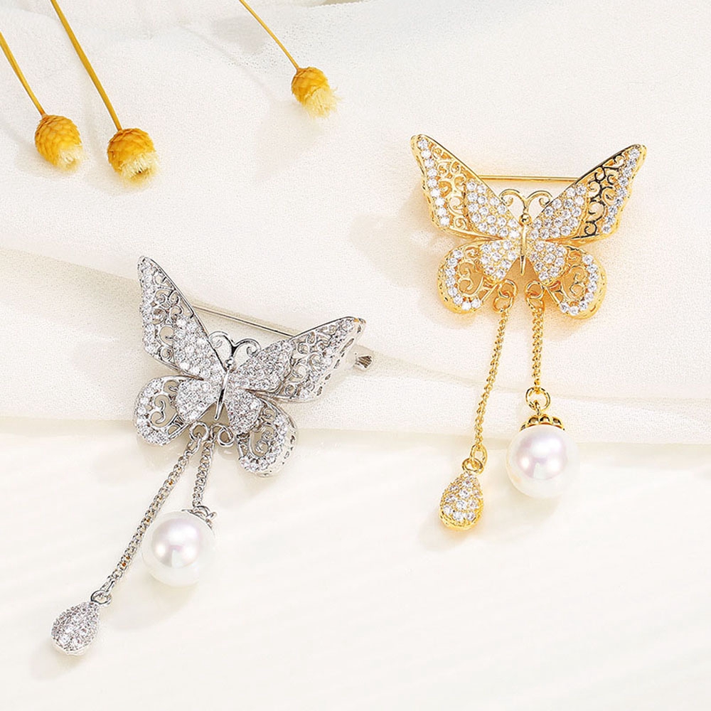 Brooch Bentuk Kupu-Kupu Dengan Rumbai Bahan Cubic Zircon