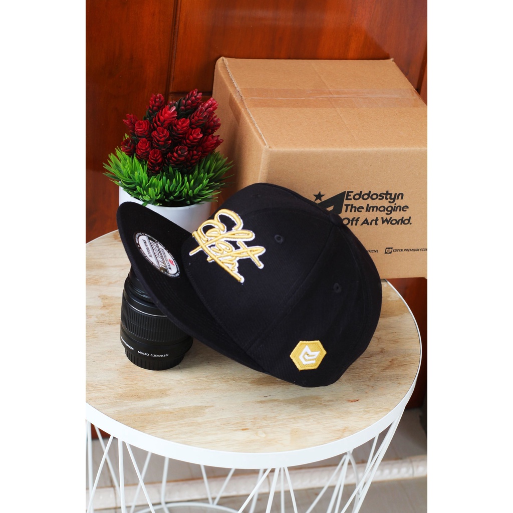 Topi Snapback hip hop Original Distro Premium Pria Dewasa Bordir Eddostyn Full Black BDR Latin Gold