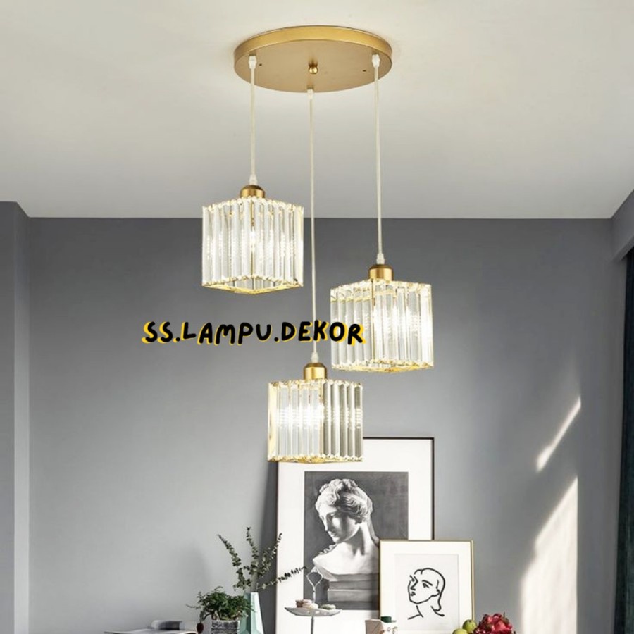 LAMPU GANTUNG MINIMALIS KRISTAL GOLD KOTAK 3 IN 1 HIAS RUANG TAMU