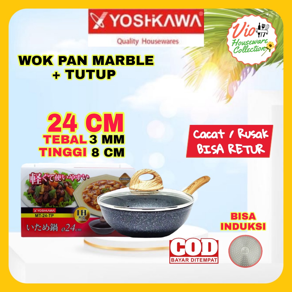 Yoshikawa Teplon Keramik 24 Cm + Tutup / Wok Pan Anti Lengket / Wajan Marble / Penggorengan Keramik
