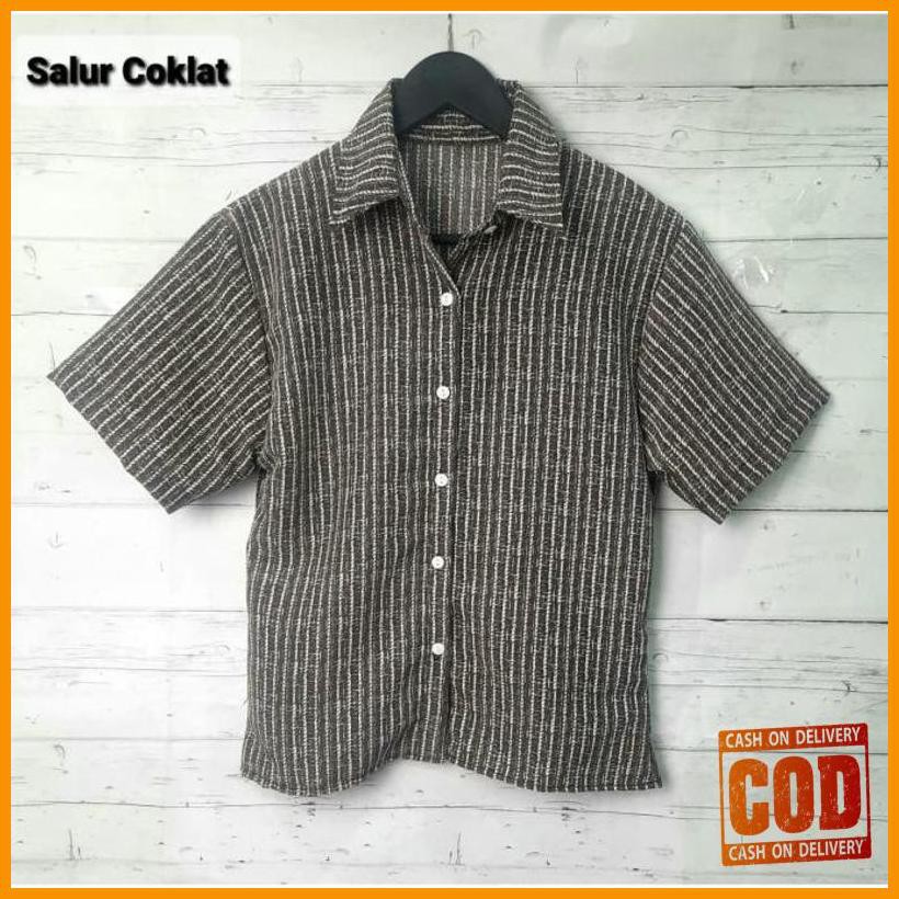 ›707± Fortklass Monalisa Salur Baju Atasan Kemeja Pastel Kantor Wanita - Biru, All Size ,