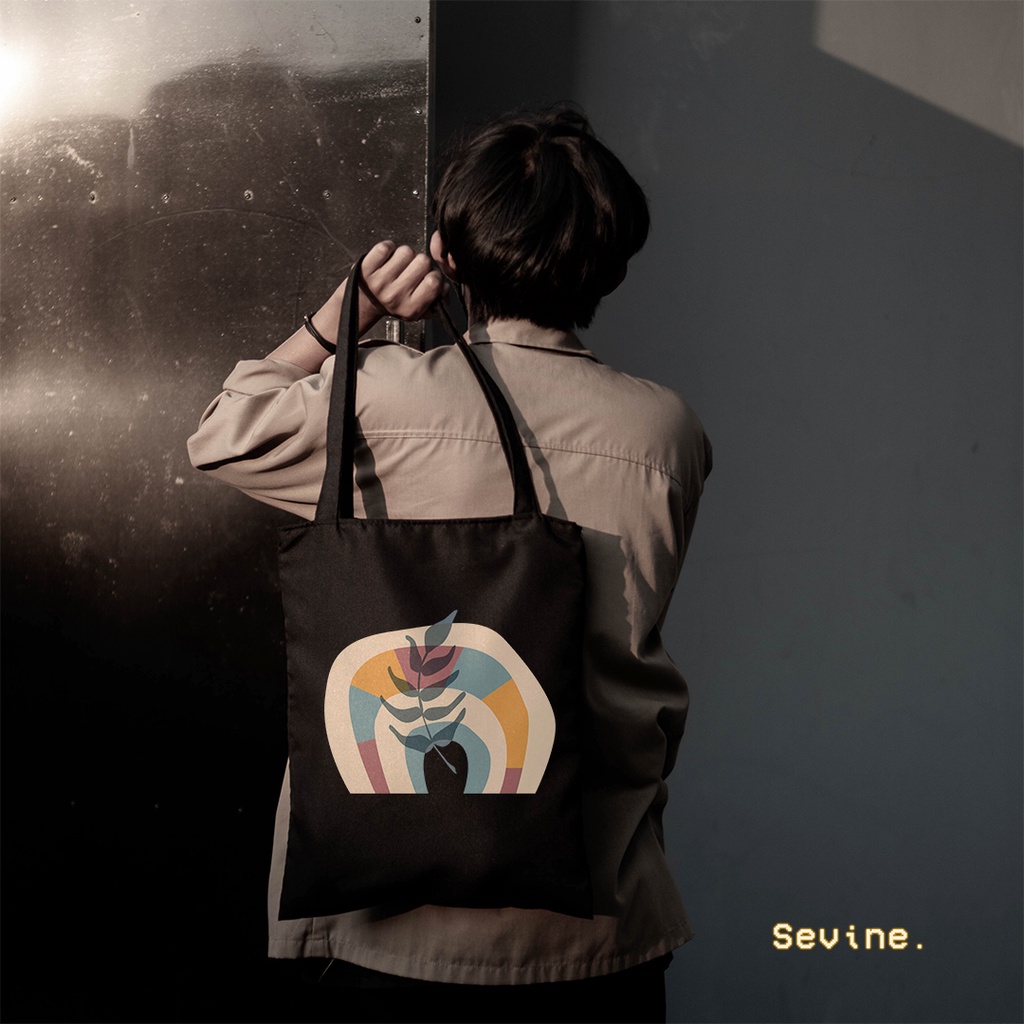 Sevine Totebag Wanita Fashion Tas Tote Bag Resleting Laptop Motif Flower Plant Nordic Art Black Series - MAA2