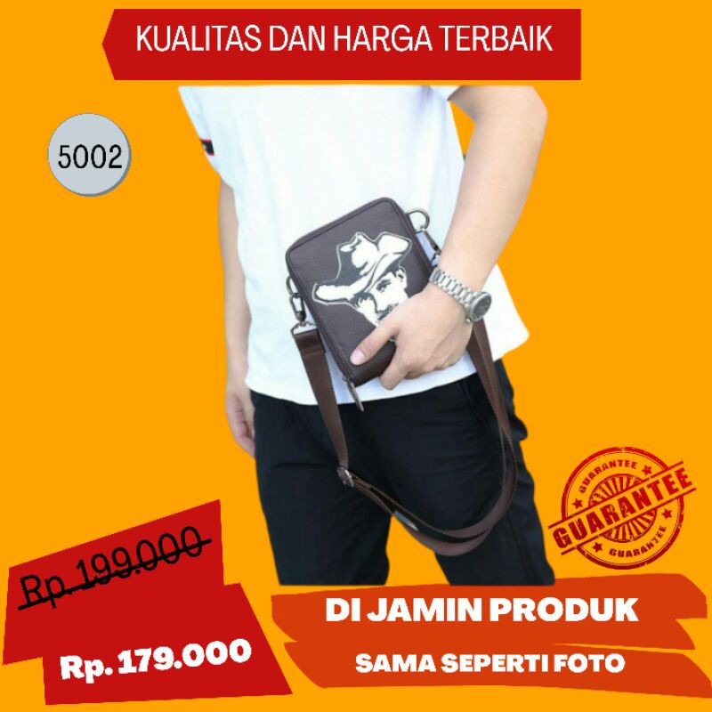 Tas Selempang Mini Slingbag Cowok Kulit Import Simple Keren Logo Cowboy