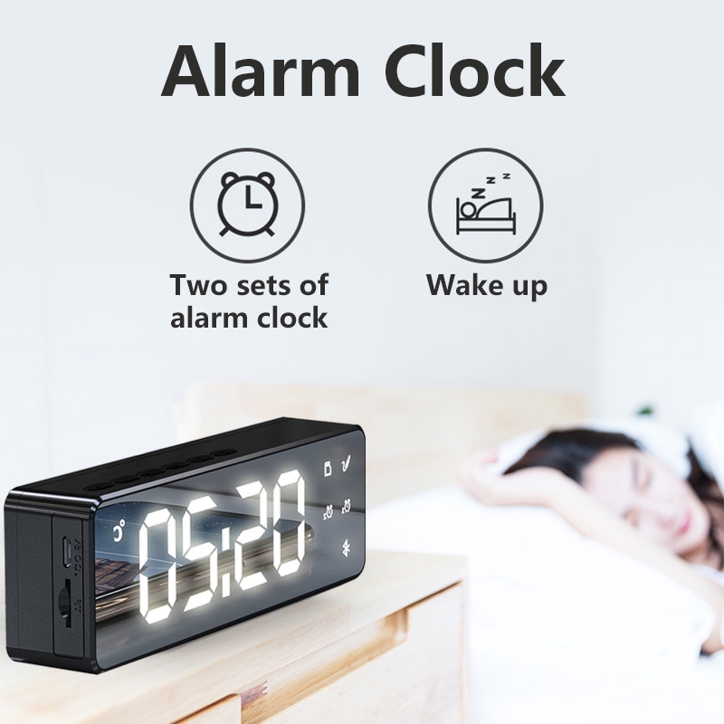 LED Alarm Clock Mirror Bluetooth Speaker Adjustable Brightness Temperature Display Answer By Phone