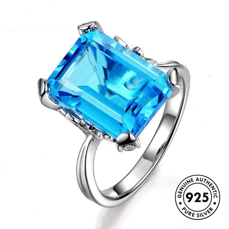 Cincin Sapphire Bentuk Kotak Bahan S925 Silver Gaya Elegan