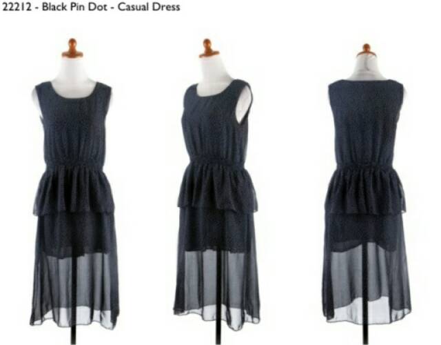 Dress midi hitam polkadot, chiffon, inner silk, import, murah, cina, korea style, casual