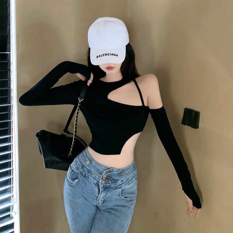 T-shirt lengan panjang pendek seksi manis dan pedas musim gugur murni dan ingin bottoming crop top p