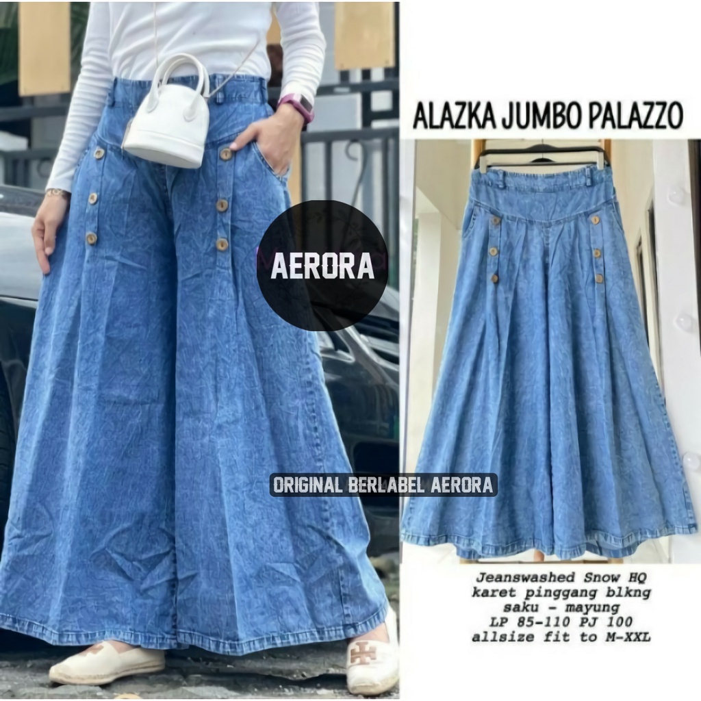 Alaska Celana Kulot Jeans Jins Jens Wanita Jumbo Hight Waist Payung Palazzo Kekinian Pinggang Karet Premium Lp 85-110 P 100cm Allsize