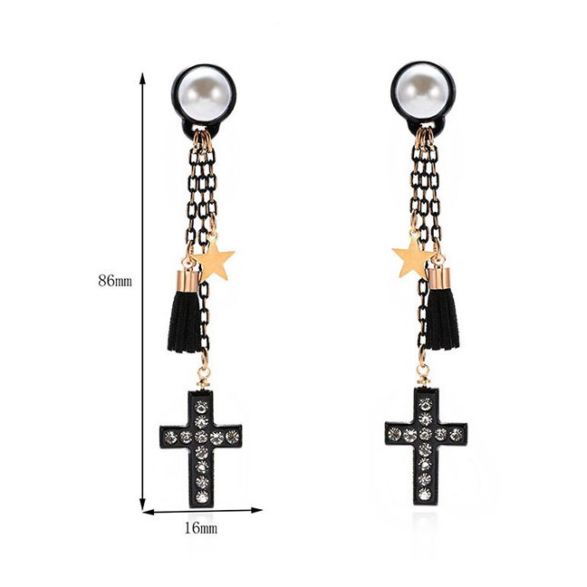 LRC Anting Tusuk Fashion Black Cross Shape Decorated Earrings