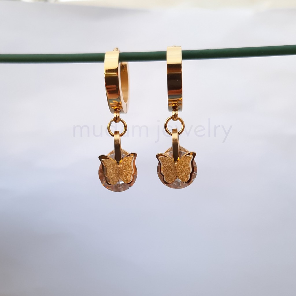 Anting Titanium Kupu-Kupu Diamond Juntai Untuk Wanita Fashion Warna Rose Gold, Gold dan Silver