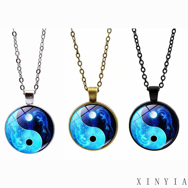 Kalung Rantai Dengan Liontin Batu Permata Desain Naga Bulan Yin Yang Tai Chi Untuk Sweater