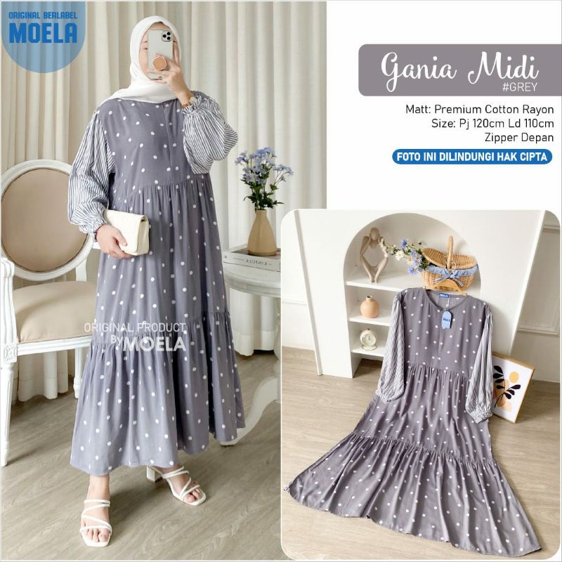 GANIA MIDI ORI MOELA BERLABEL - MIDI POLKADOT MIX GARIS-GARIS - MIDIDRESS/GAMIS KATUN RAYON PREMIUM 