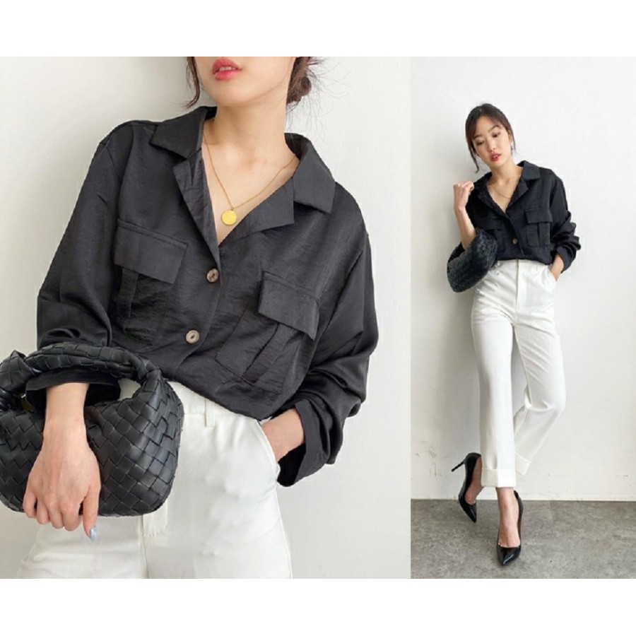 Besty Hem Pocket Baju Atasan Kemeja Wanita Casual Kerja Kantor Formal Trendy Kekinian Model Terbaru