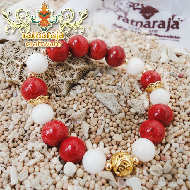 Gelang Batu atau Wrist Mala 10mm Red Coral &amp; White Shell Combination