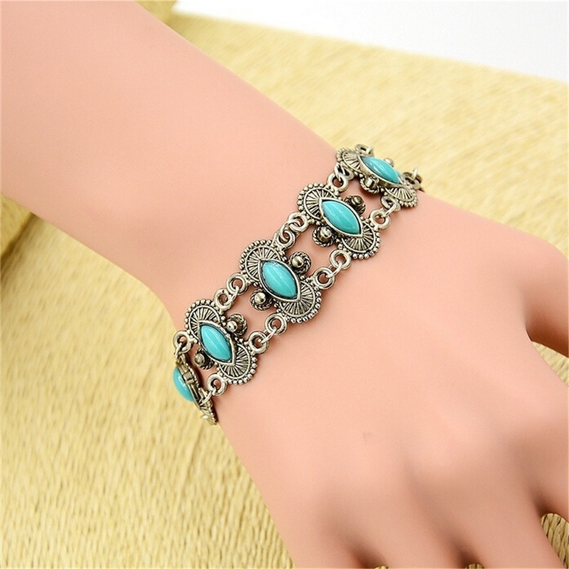 Gelang Tangan Silver Aksen Batu Turquoise Ala Bohemian Untuk Wanita