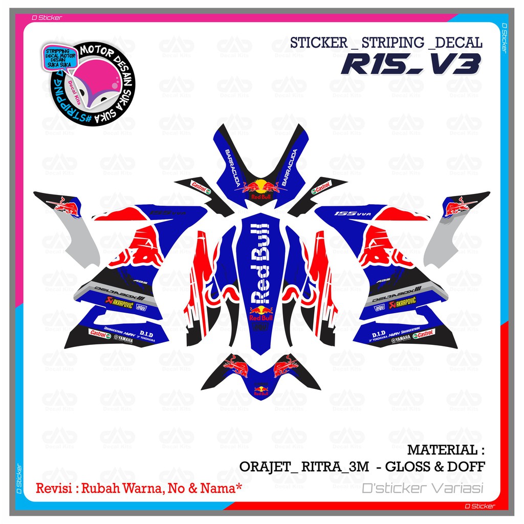 DECAL STICKER FULL BODY R15 V3 STIKER STRIPING R15 RED BULL BIRU